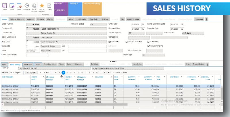 Epicor Prophet 21 Sales History